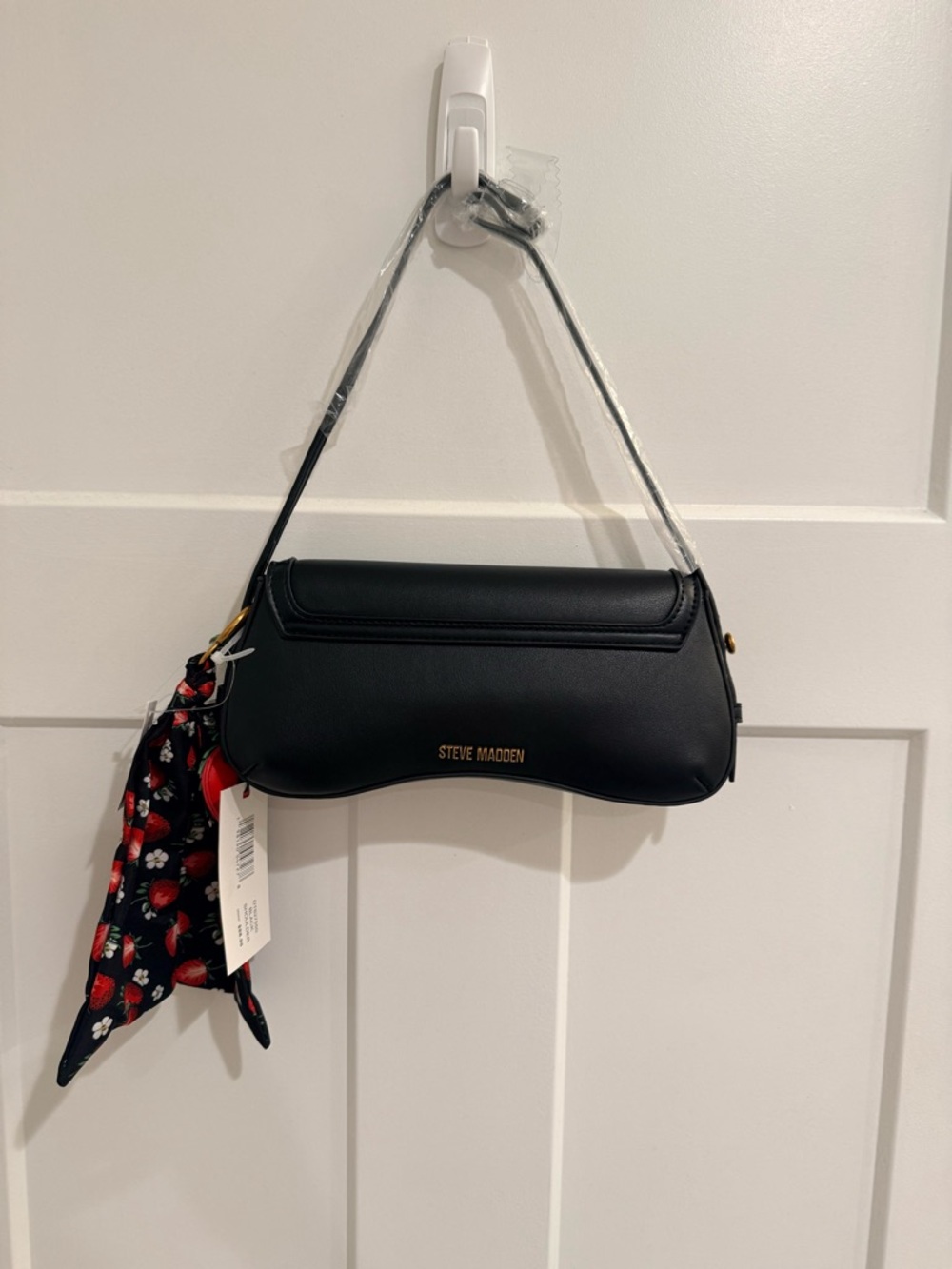 Steve Madden Black Shoulder Bag with Strawberry Charm and Floral Scarf - Picture 3 of 6